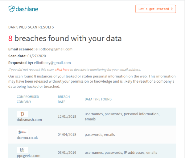 dashlane dark web scan result