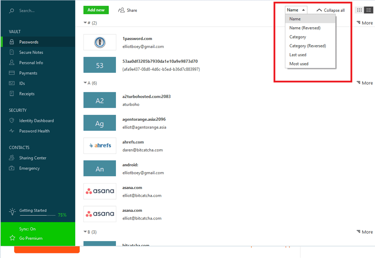 dashlane filter by category