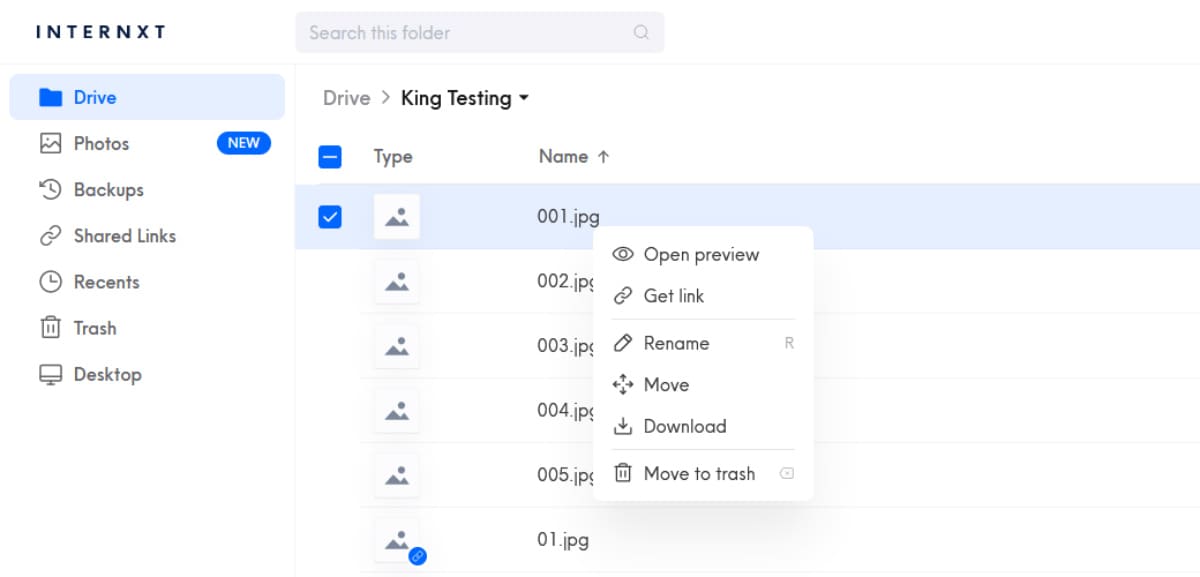 internxt get link option if one file is selected