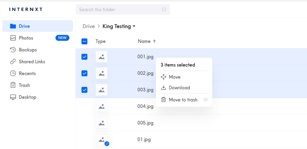 internxt no get Link option if more than one file is selected