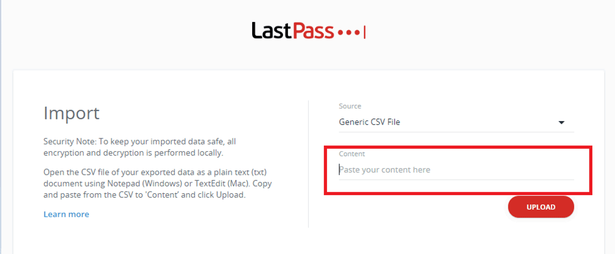 lastpass paste csv file into content to import database
