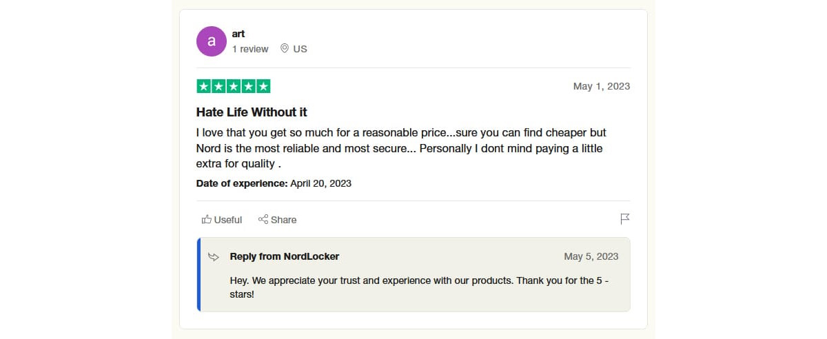 nordlocker trustpilot positive review2