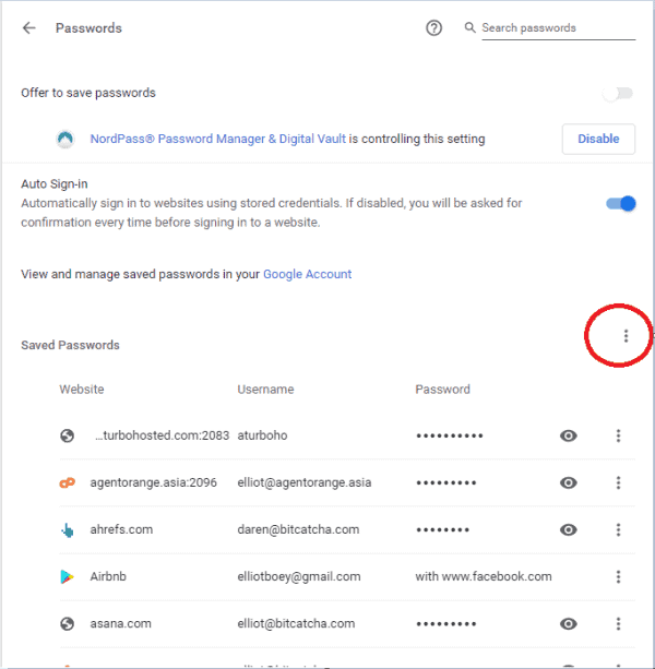 nordpass exporting csv file from chrome