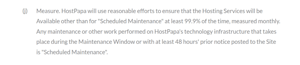 hostpapa sla does not mention any compensation for down time