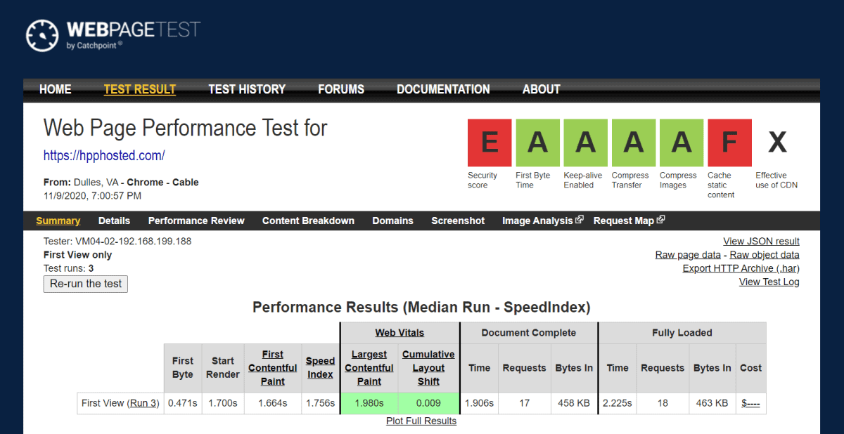 hostpapa united states webpagetest speed test result