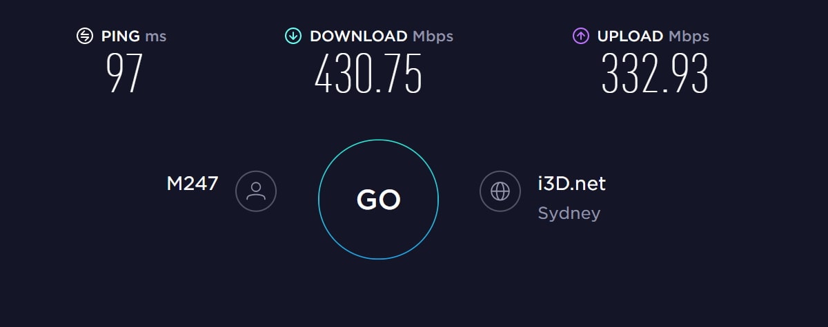 Atlas VPN speed test in Australia with VPN on