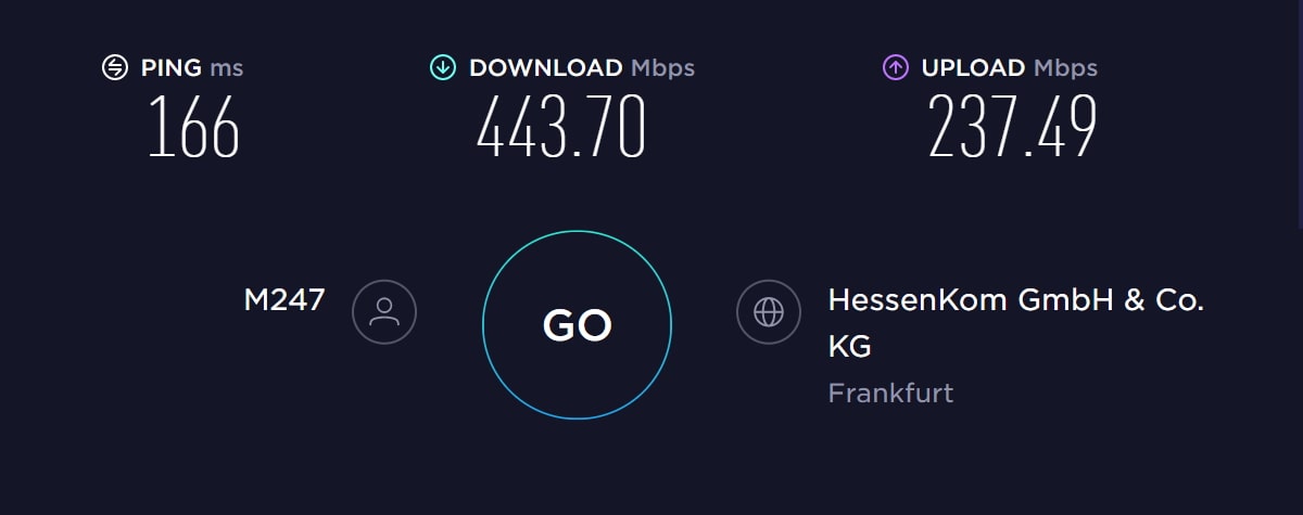 Atlas VPN speed test in Europe with VPN on