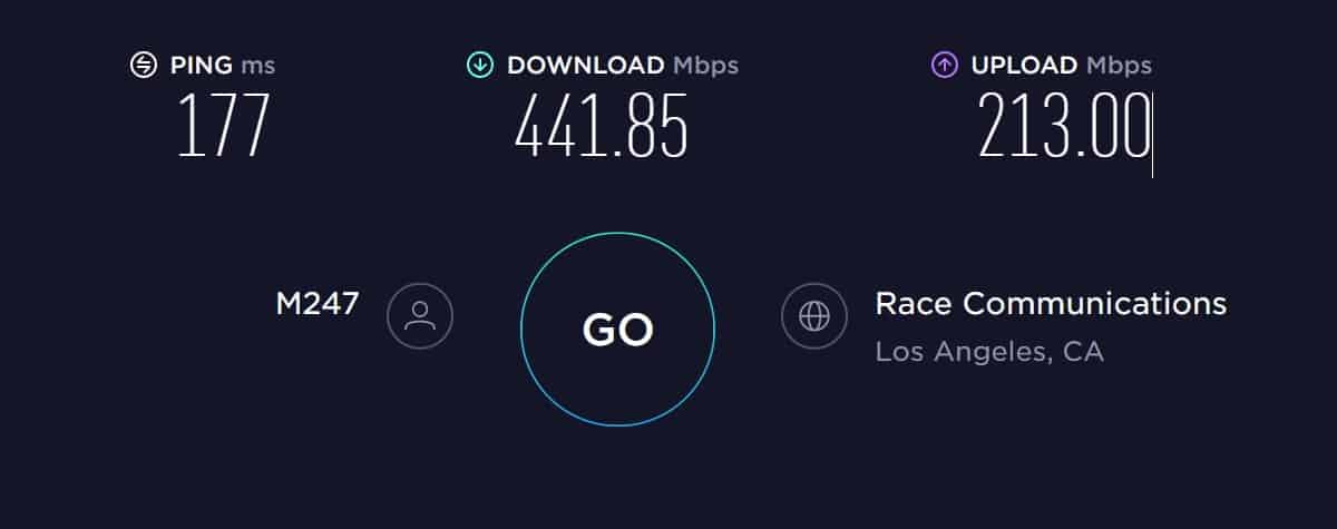Atlas VPN speed test in North America with VPN on