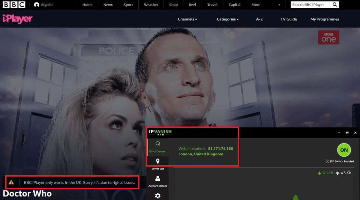 ipvanish unusual server location via BBC player