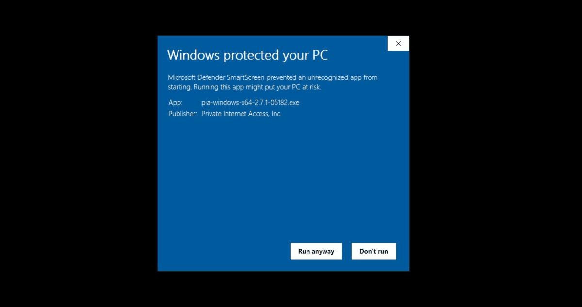 pia vpn installer for windows is unverified