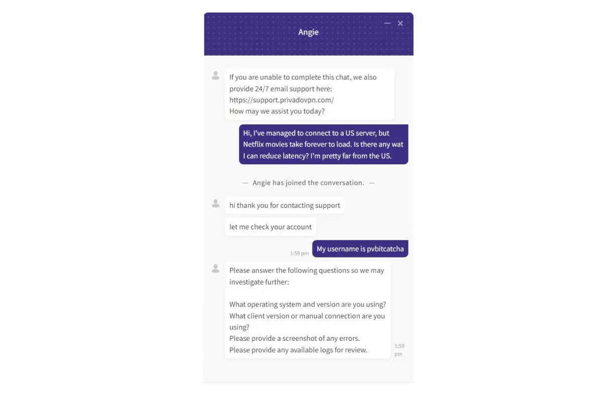 PrivadoVPN customer support chat