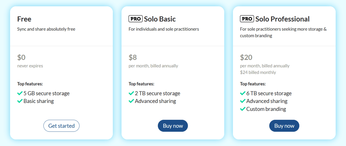 sync.com personal plans and pricing