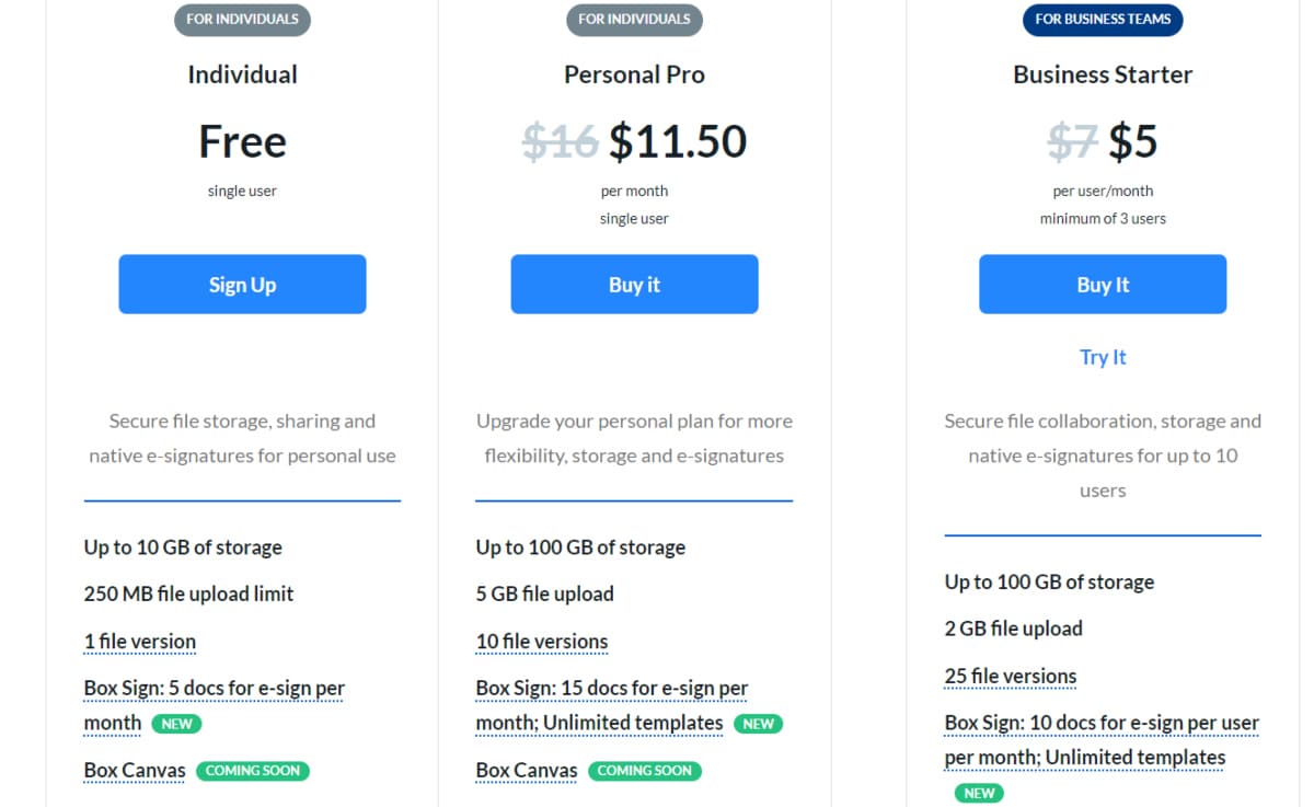 box plan pricing individual