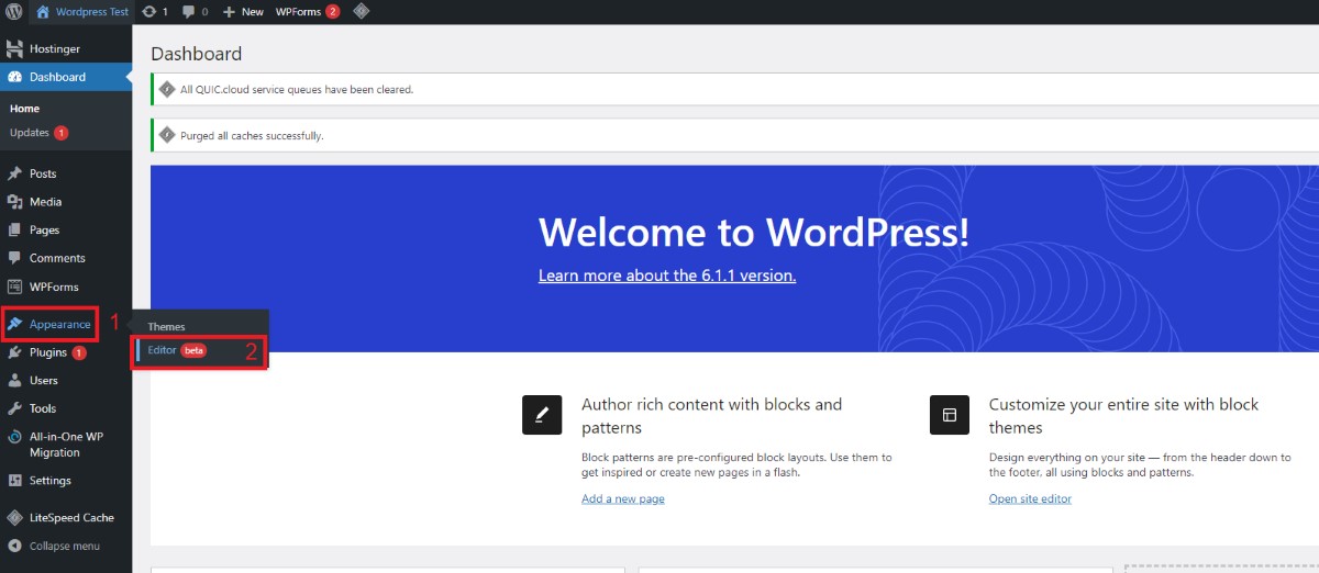 click editor from wordpress appearance