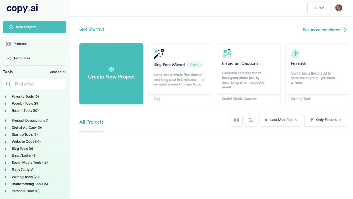 copy ai main interface
