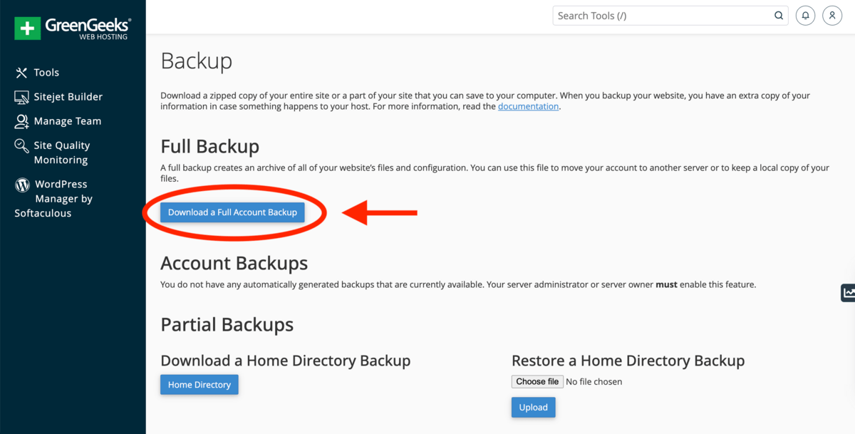 backing up a website via cpanel