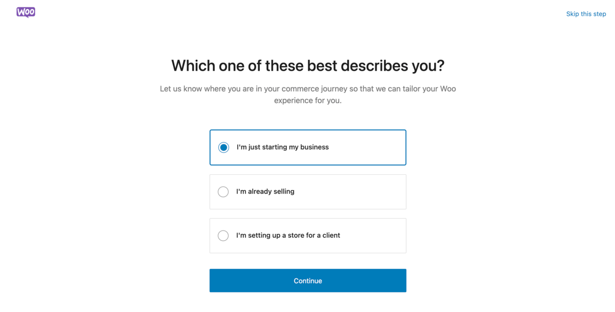 defining the store in woocommerce onboarding first step