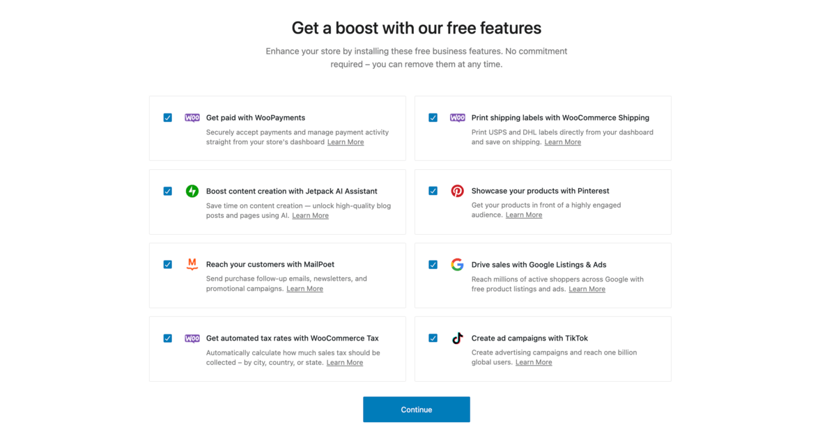 opting for business features in woocommerce onboarding third step