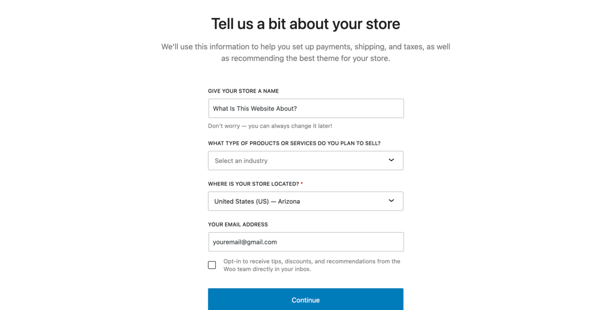 providing information in woocommerce onboarding second step