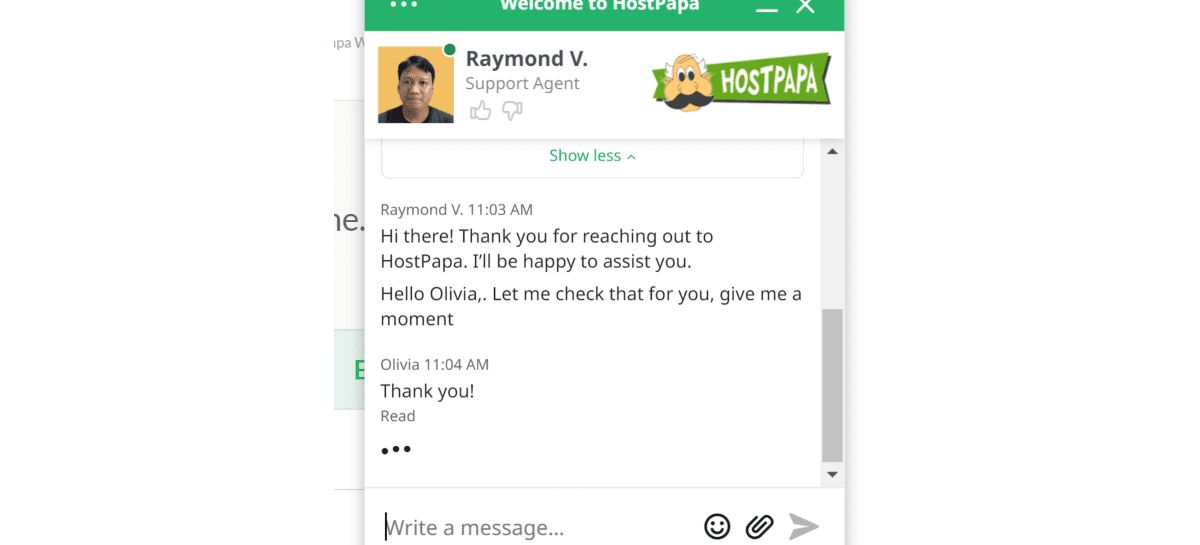 chatting with a hostpapa support agent