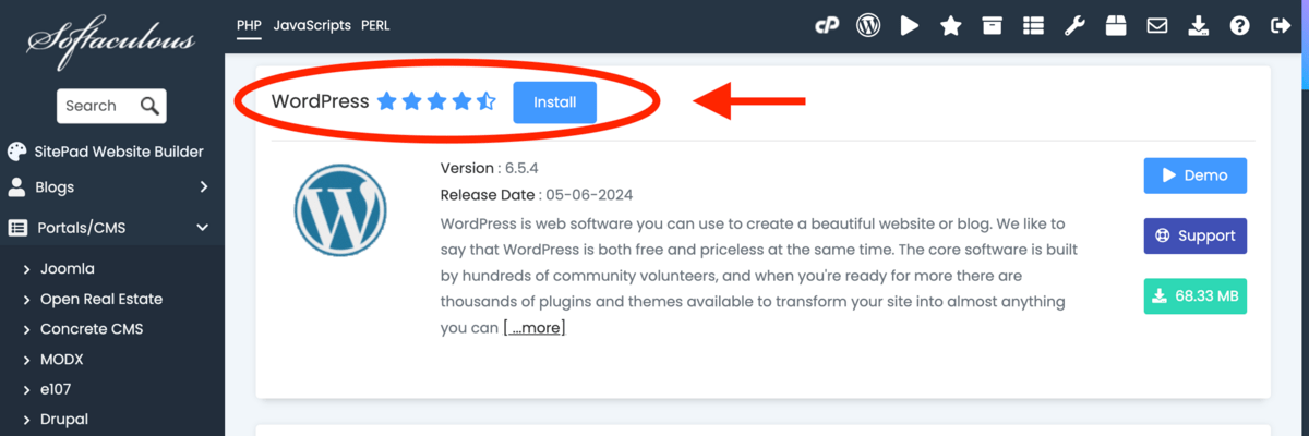 installing wordpress via softaculous