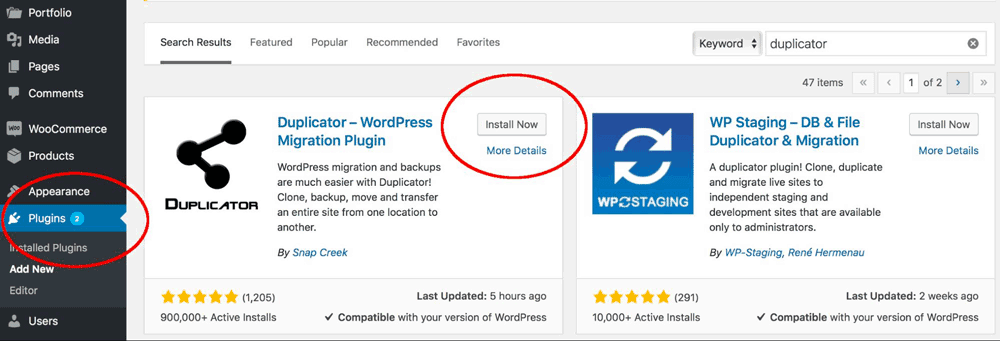 download and install wordpress plugin duplicator