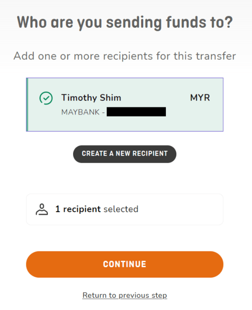 select recipient for the transfer in ofx