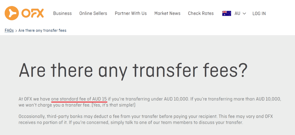 ofx charges a standard fee of AUD 15 if transferring under AUD 10000