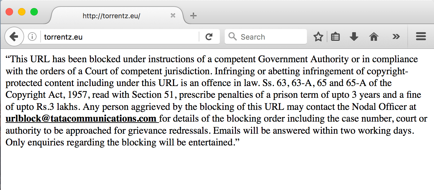 Warning message to users in India when trying to access a site banned by the government