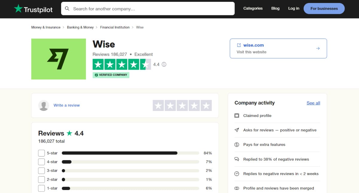 Wise trustpilot rating