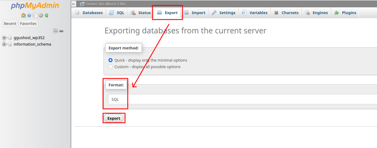 export website database via phpmyadmin