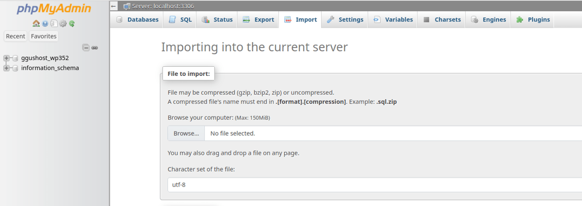 import website database via phpmyadmin