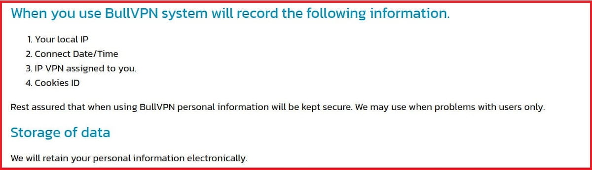 BullVPN records some of the log data for customer service purposes