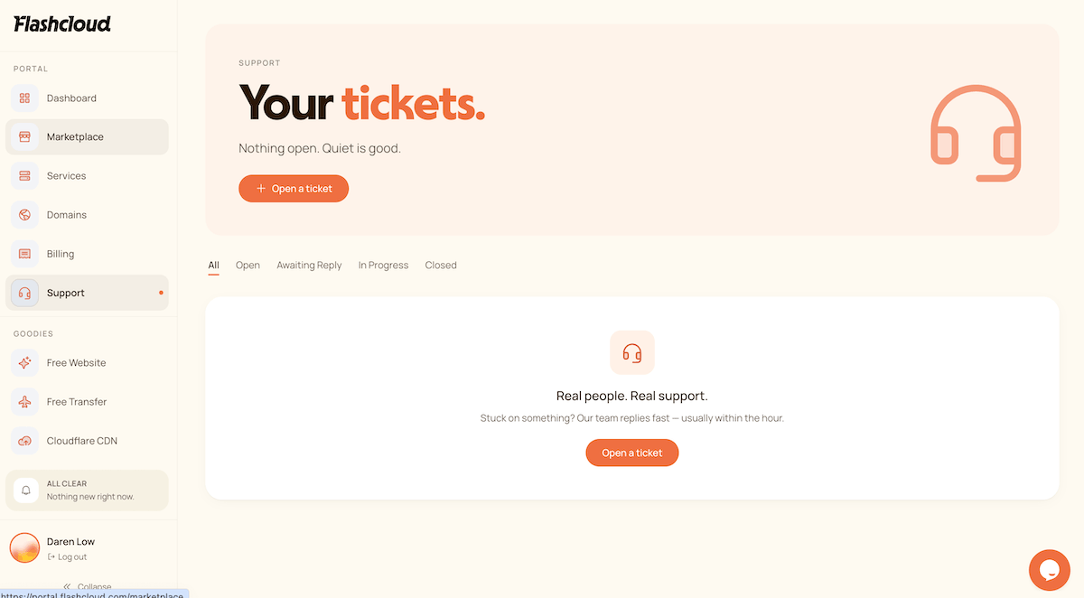 Open a support ticket in Flashcloud portal